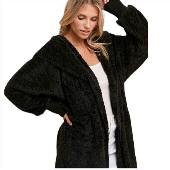 🆕 Hem & Thread Cozy Black Fleece Hooded Jacket w/Pockets OSFA - Picture 1 of 8